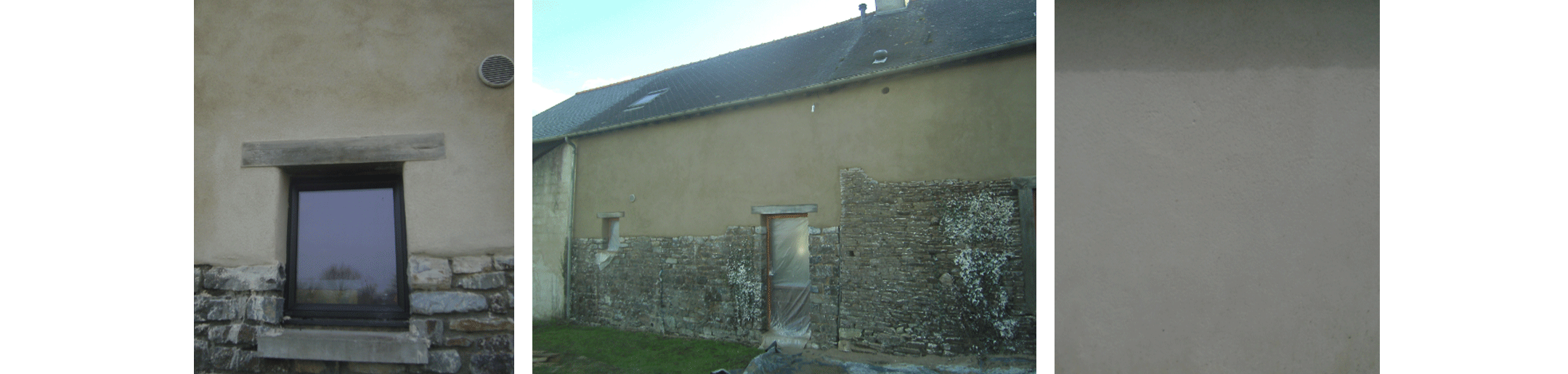 2 images d'une façade constituée de chaux en Bretagne et un enduit de finition nhl2