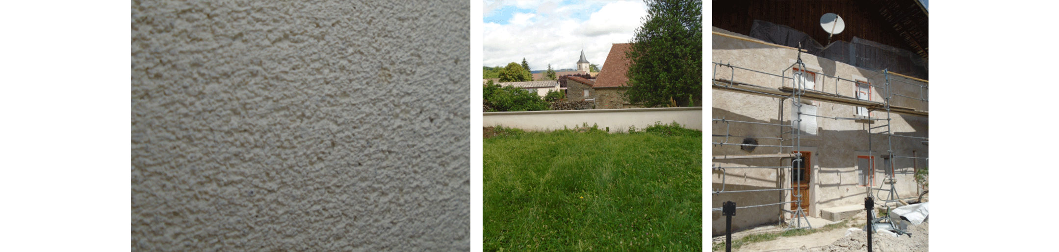 un enduit de finition, une image d'un mur de chaux dans un jardin bourguignon et une image d'un chantier pour une façade en chaux de haute savoie