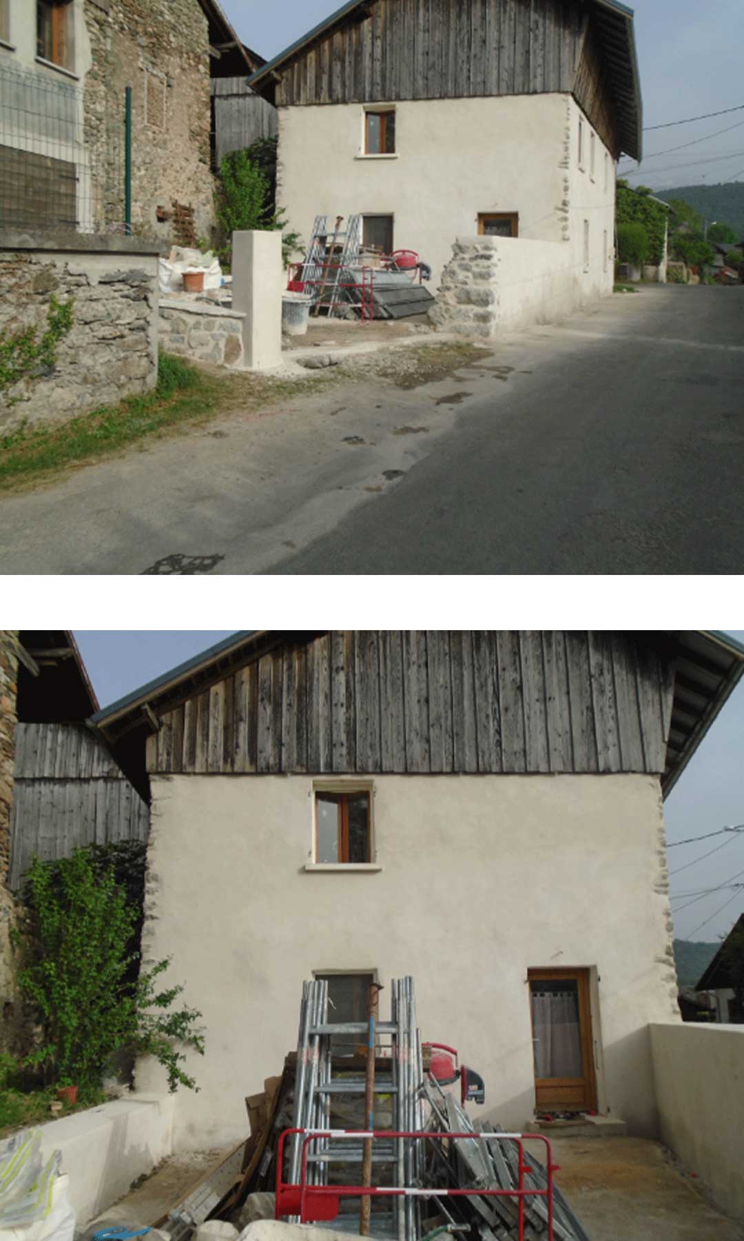 images d'un chantier pour une façade en chaux de haute savoie