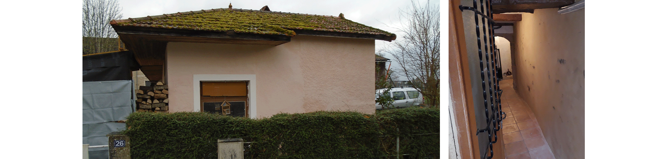 image d'un badigeon chaux/ocre rouge et d'un mur intérieur constitué de chaux