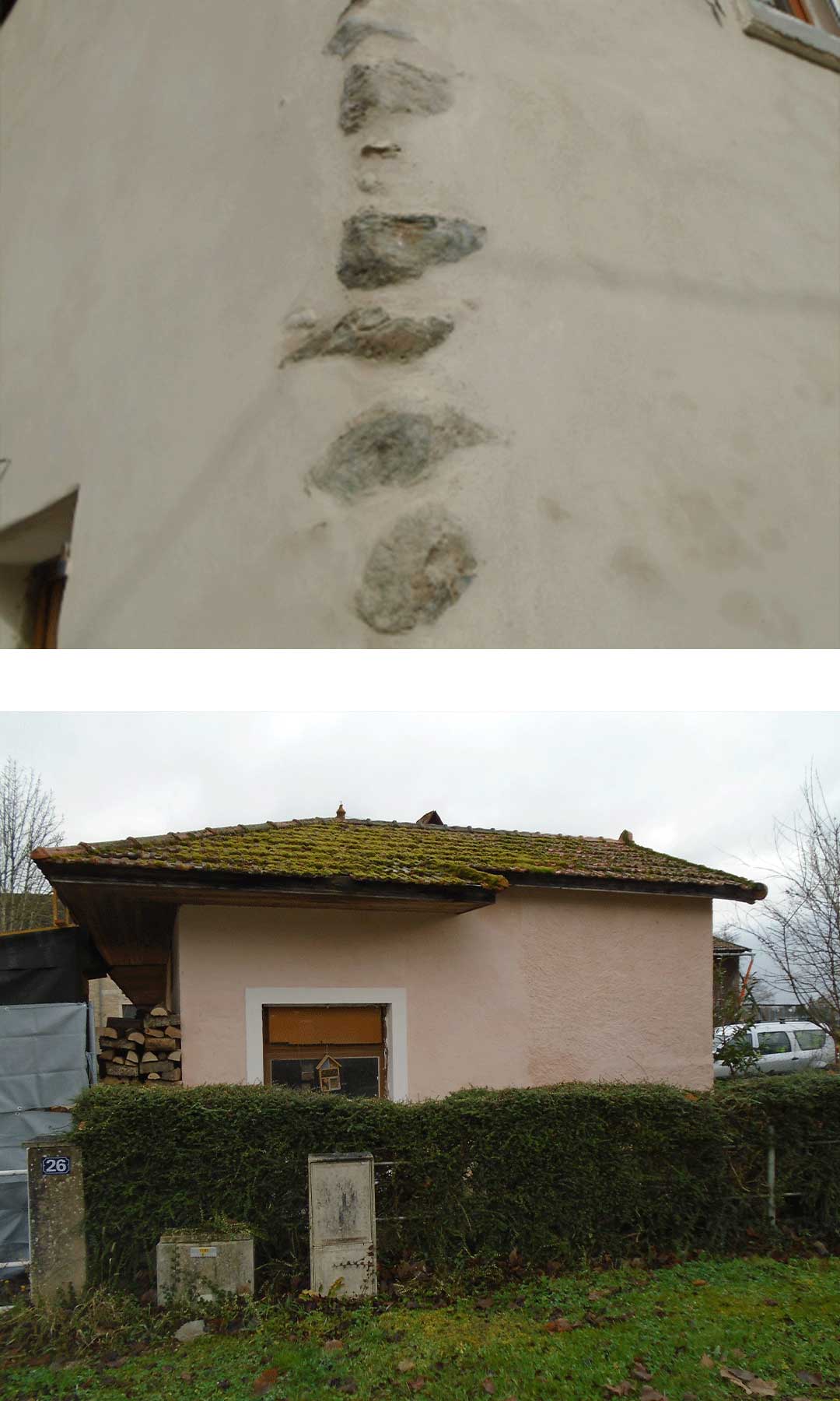 images d'un chantier pour une façade en chaux de haute savoie et image d'un badigeon chaux/ocre rouge