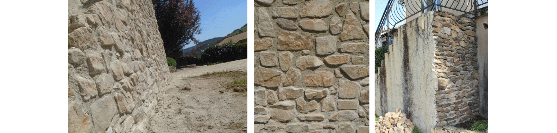 3 images d'un mur de pierre d'Ardèche dont une représente la façade d'un escalier extérieur