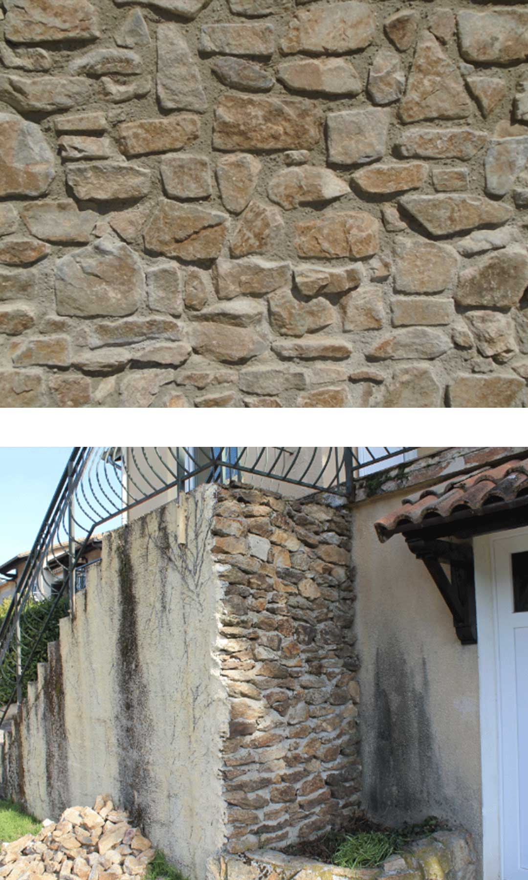 images d'un mur de pierre en Bourgogne et image d'une façade d'escalier extérieur